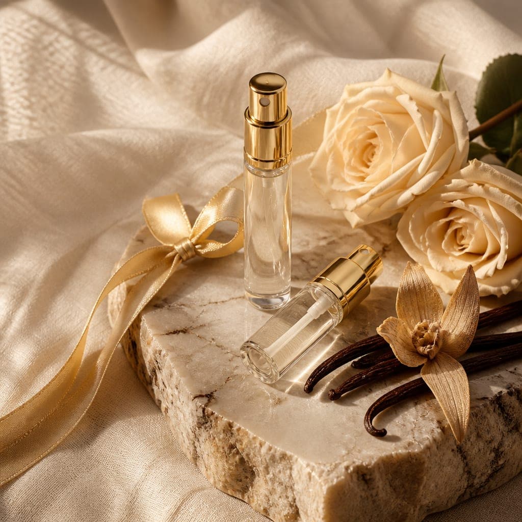 Rosas crema, lazo dorado y decants de vidrio